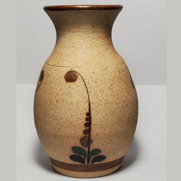 Vintage Tonala Hand Painted Mexican Floral Sandstone Pottery Vase Singed S MEX - Picture 4 of 7